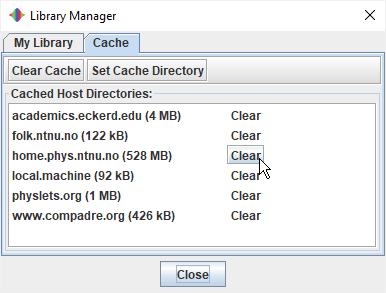 Library manager displaying cache tab